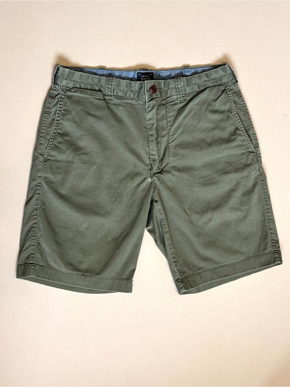 J. Crew Olive Green Stretch Chino Shorts Men's 30"- 9" Inseam Cotton Flat Front